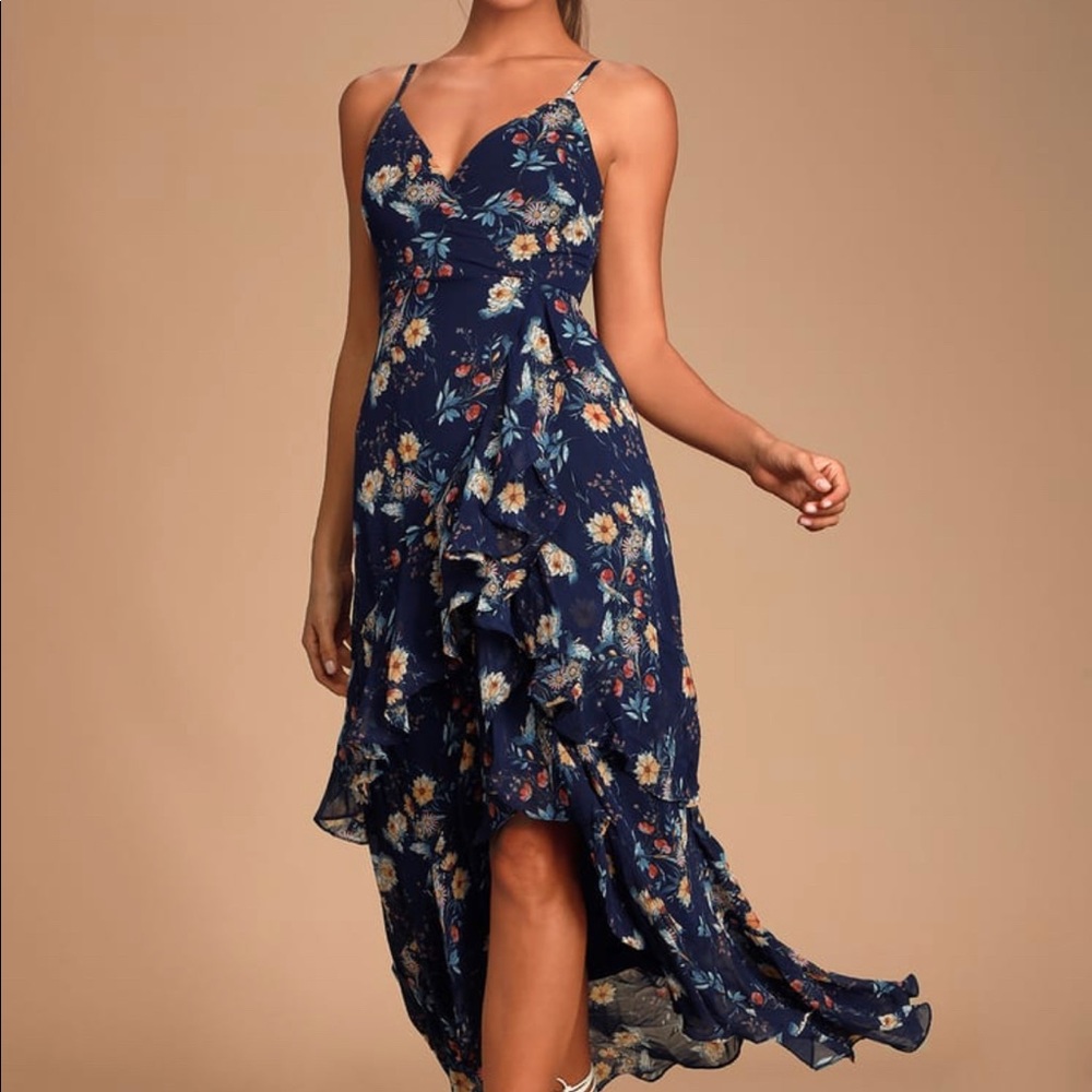 Navy Blue Floral Print Ruffled Maxi Dress